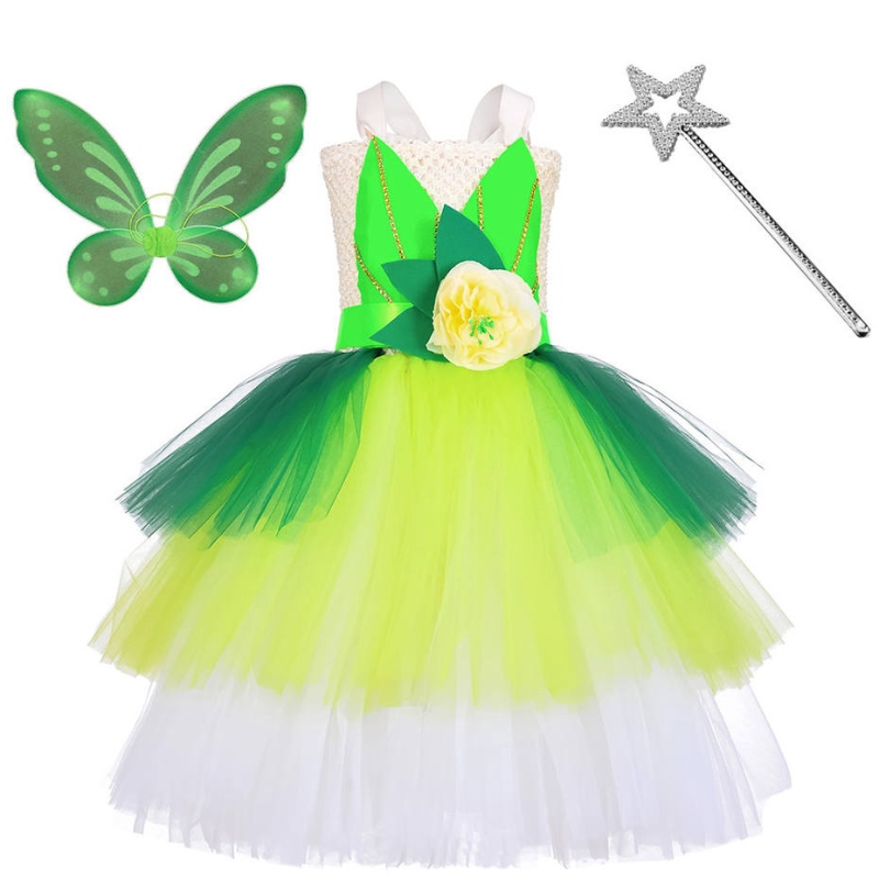 Halloween cosplay princezna dětské dívky party zelená květina víla pohárka zvonek elf kostým s motýlovými křídly sadami