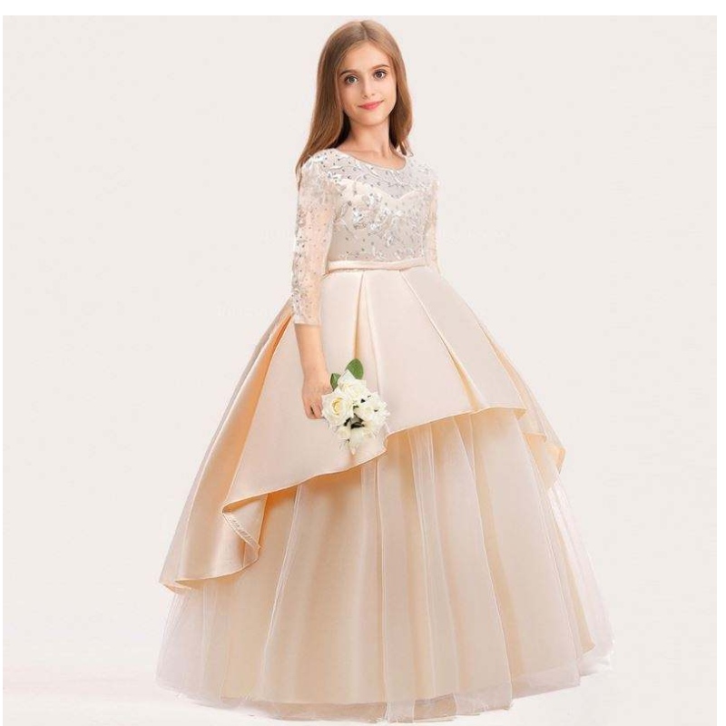 Baige Long Style Children Wedding Ball Gord Girls Frock Design Kids Party Wear Long Frock 9101