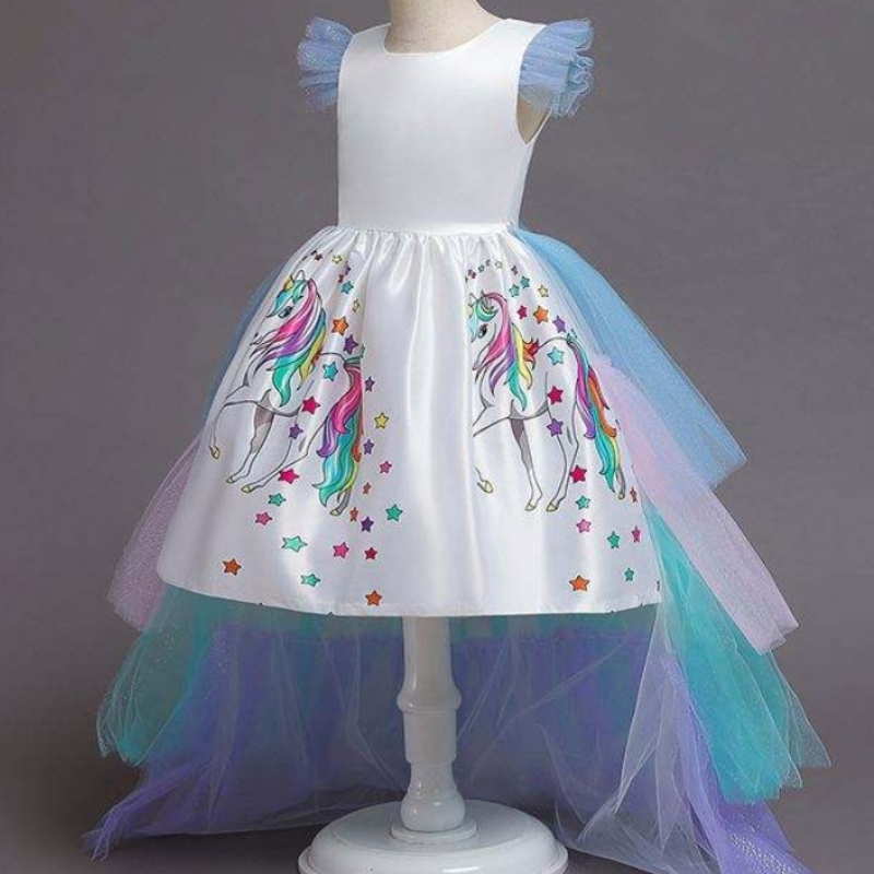 2020 Summer Kids Bods Ruevelesless Rainbow Princessnarozeninová párty Unicorn Puffy šaty s čelenkou DJS100