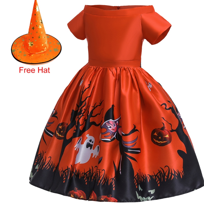 Amazon Halloween Dětský kostým Cosplay Masquerade Tisk Šaty Performance Šaty, Klobouk